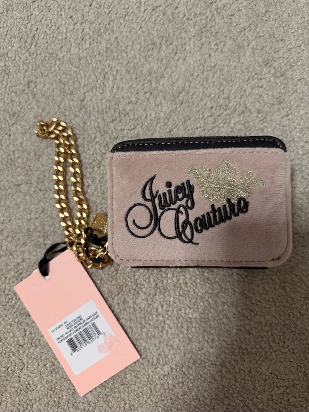 Juicy Couture Pink Velvet Card Holder with Gold Chain